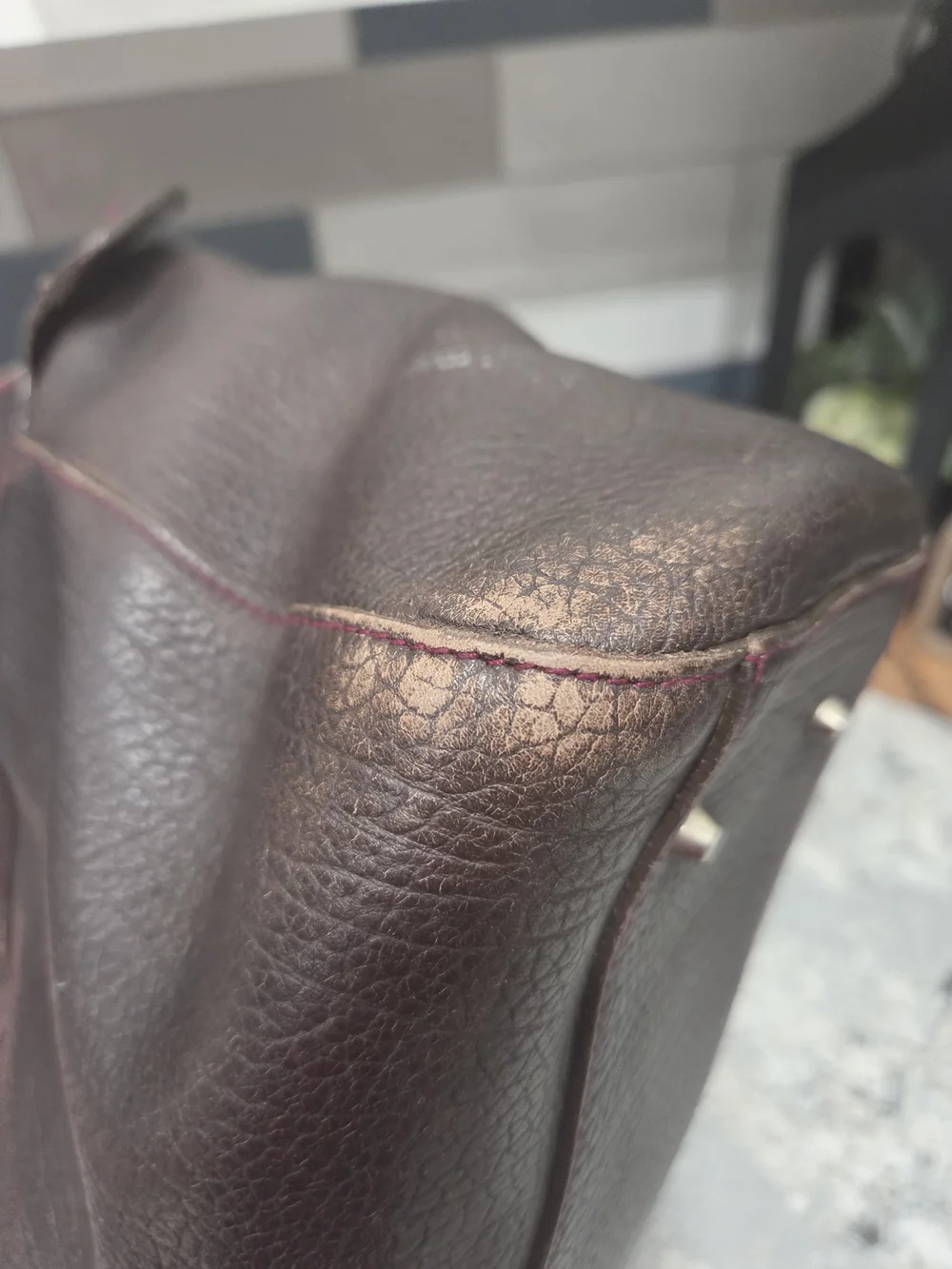 Furla Vintage Calf Skin Brown Leather Satchel with Red Tassel Accent